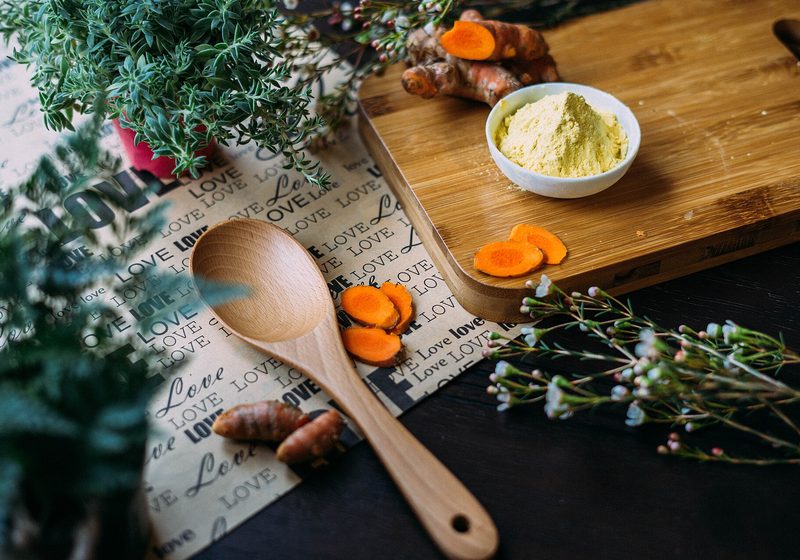Herbs and spices on a board